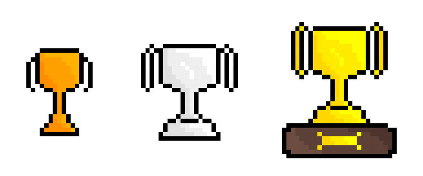 Pixel art trophy pack retro style 32x32 8-bit (gold, silver, bronze)
