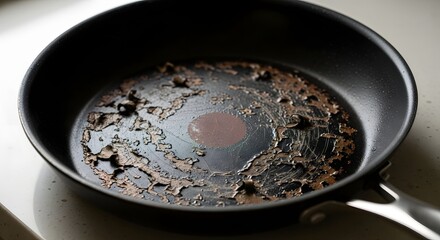 Close up shot of a damaged non stick frying pan with peeling coating and a metal handle on a white surface