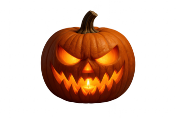 Halloween pumpkin with illuminated scary face on transparent background