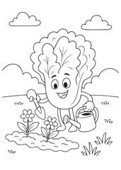 coloring book lettuce watering flowers in a garden.