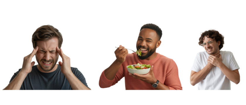 Man with headache eating salad and man with sore throat isolated on white transparent background png jpg business people clipping path cutout 2025 2026 4k full hd poster banner label download