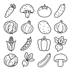 Black and white line art vegetables with carrot broccoli tomato cucumber