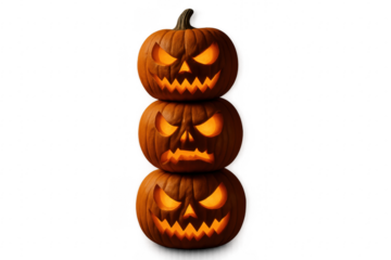 Three glowing halloween pumpkins forming a tower on transparent background