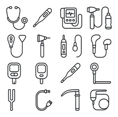 Obraz premium Medical equipment icons: stethoscope, thermometer, otoscope, ecg monitor, syringe