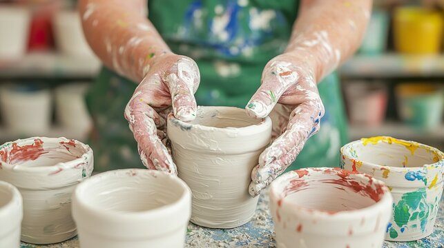 People engaging in a creative workshop, pottery, painting, hands-on, learning,