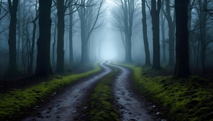 Fototapeta premium Moody atmospheric forest path winding through misty woods, dark trees, green moss, mysterious journey.