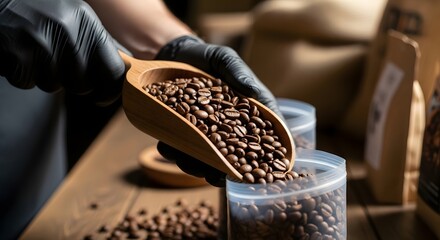 Person scooping coffee beans into containers with black gloves and wooden scoop on a wooden surface