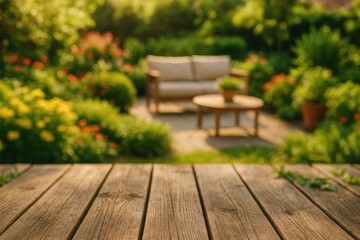 Obraz premium Rustic wooden deck with lush garden backdrop and natural green foliage for outdoor living and home improvement marketing