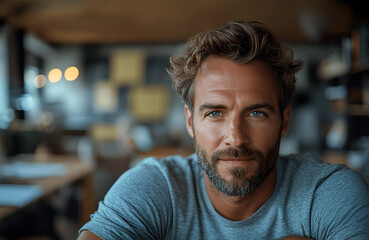 Obraz premium Handsome man with a beard and blue eyes is sitting at a wooden table in a cozy workspace, surrounded by warm lighting and a creative atmosphere, reflecting confidence and approachability