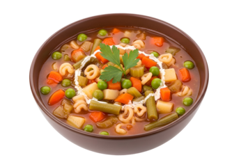 A close-up view of a hearty vegetable soup, presented in a brown bowl, featuring colorful vegetables and pasta shapes.