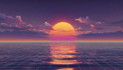 Retro Sunset over a Gridded Sea