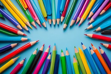 Colorful Pencils Forming Frame on Blue Background