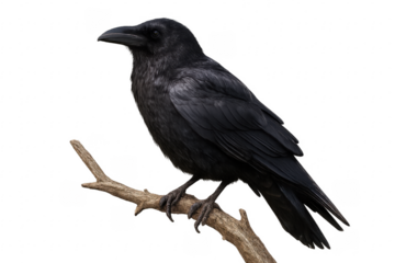 Black crow perching on a branch with transparent background