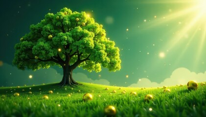 Magnificent full green tree sparkling with golden spheres , green, golden