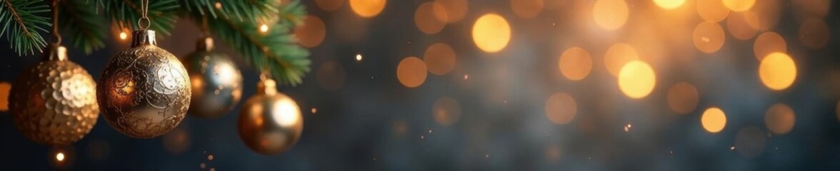 Elegant gold & silver ornaments hang against a sparkling bokeh background , abstract, winter
