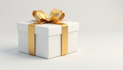 Elegant white gift box with golden ribbon bow, isolated , golden, giftwrap