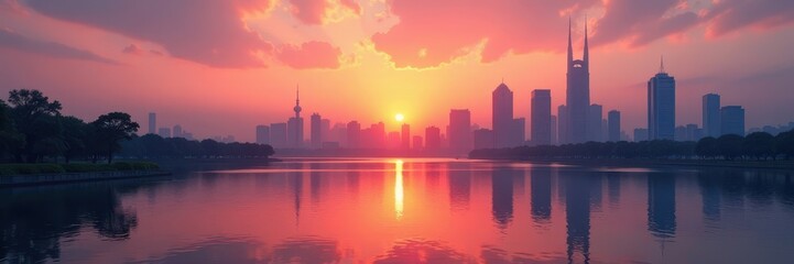 Empty square, Hangzhou sunrise, modern skyline reflection , commercial, dawn, skyline