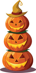 Stack of three carved halloween pumpkins with a witch hat isolated