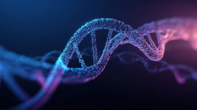Scientific concept abstract DNA helix structure, glowing blue purple molecular model for molecular biology research and education on dark gradient background