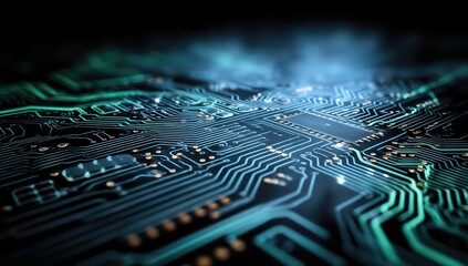 Close-up circuit board with glowing traces