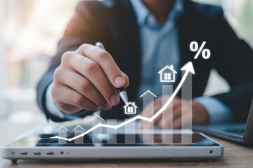 Rising Real Estate Market Analysis Showing Increasing Property Values with Digital Data Visualization and Businessman Evaluating Investment Opportunities for Financial Growth