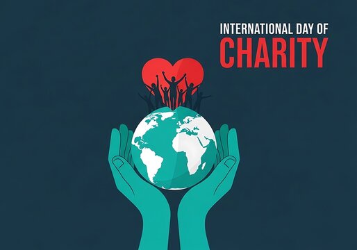 International day of charity concept with people celebrating on top of the globe held by hands, symbolizing global support and unity against a dark background - Powered by Adobe