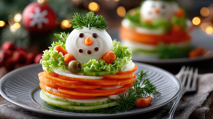 Obraz premium A festive vegetable dish shaped like a snowman. It features layers of carrots, cucumbers, and greens, topped with a round white cheese head and decorative features.