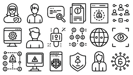 Outline Style Icon Set Representing Data Security and Privacy, Network Security, and Cybersecurity Measures in a Minimalist Style                     