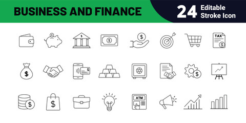 Business and Finance editable icon set. Outline thin icons with editable stroke collection of wallet, piggy bank, bank, money, tax, shopping, investment, growth. Editable stroke, vector illustration.