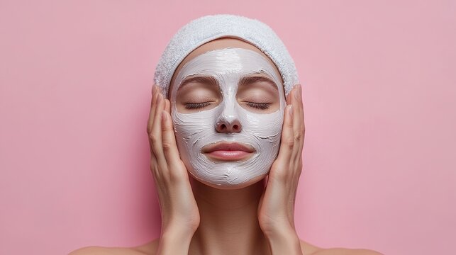 Woman practicing self-care, applying a face mask, relaxation, beauty