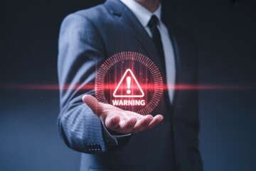 Businessman Presenting Digital Warning Alert for Cybersecurity Threat and Data Protection with Binary Code Overlay Digital Risk Management Concept