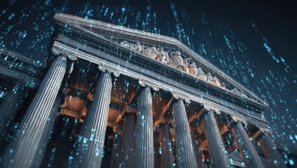 Ancient building, digital rain