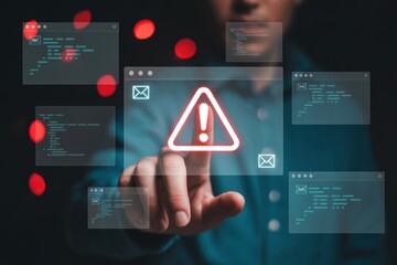 Cybersecurity Alert A Man Touching a Screen with a Warning Symbol Surrounded by Code and Email Icons Representing Data Security Threats
