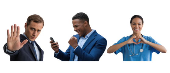 Man in suit holds hand up doctor makes heart gesture happy man isolated on white transparent background png jpg business people clipping path cutout 2025 2026 4k full hd poster banner label download