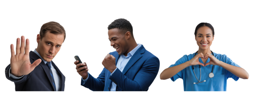 Man in suit holds hand up doctor makes heart gesture happy man isolated on white transparent background png jpg business people clipping path cutout 2025 2026 4k full hd poster banner label download