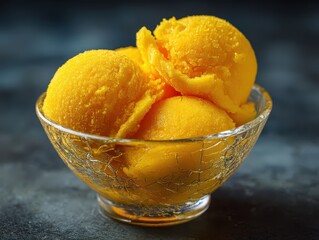 Freshly scooped bright yellow mango sorbet balls served in a decorative glass bowl on dark background