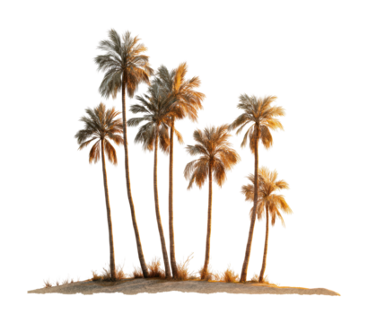 Palm trees silhouetted at sunset tropical island nature isolated on transparent background