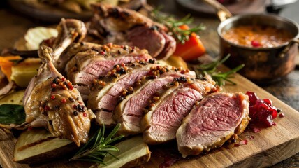 Grilled goose breast sliced diagonally on wooden cutting board with colorful peppercorns, fresh rosemary garnish and red sauce, showing perfectly cooked medium-rare interior with golden crispy skin