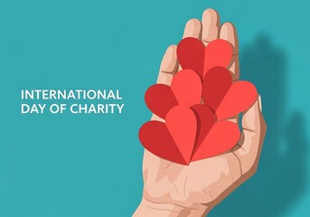 International day of charity a hand holding a cluster of red hearts, representing the act of giving and the spread of love and compassion