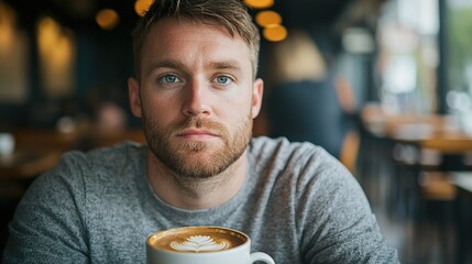 Young man enjoying a cup of coffee in a trendy cafe, looking contemplative, soft window light, urban