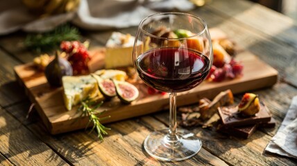 Wine glass filled with rich red wine on rustic wooden table alongside gourmet charcuterie board featuring aged cheeses, fresh figs and herbs in warm natural lighting