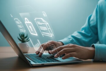 Data security and information privacy conceptual business scenario with a professional user working on laptop to access protected company data online