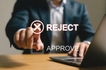 Decision Making in Business Approving or Rejecting Online with Modern Technology and Laptop Close Up of a Man in Suit Pointing to Reject