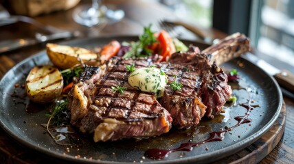 Grilled bison ribeye steak with herb butter on dark plate, served with roasted potatoes and seasonal vegetables in restaurant setting