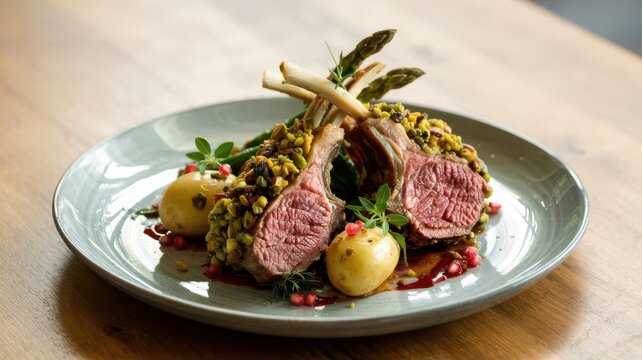 Pistachio crusted lamb rack sliced on elegant ceramic plate with pomegranate reduction, herbs and roasted potatoes in gourmet restaurant presentation