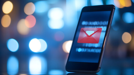 Smartphone email notification alert with glowing envelope icon, night city background, digital communication concept