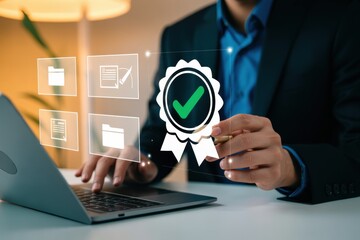 Digital Quality Assurance and Compliance Check on Laptop for Business Management with Document Approval and Standardization Workflow