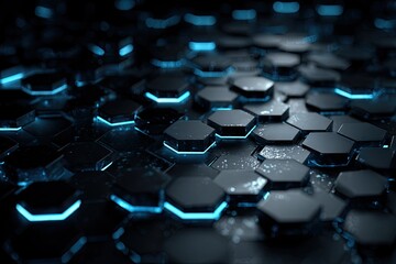 Obraz premium Abstract geometric pattern of dark hexagons with glowing blue lines