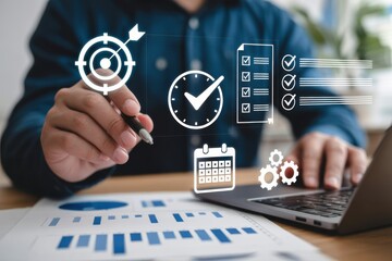 Effective Time Management and Goal Achievement Concepts Depicted with a Business Professional and Modern Technology in a Corporate Setting