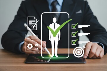 Digital transformation in human resources using a tablet with virtual indicators and businessman silhouette for recruitment and staffing solutions